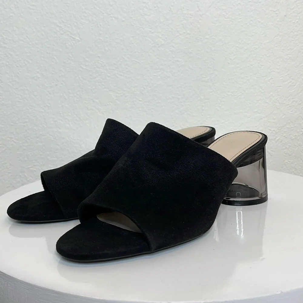 ZARA BLACK FAUX SUEDE SLIDE SANDALS LUCITE ROUND HEEL OPEN TOE MINIMALIST MULES - Picture 4 of 14
